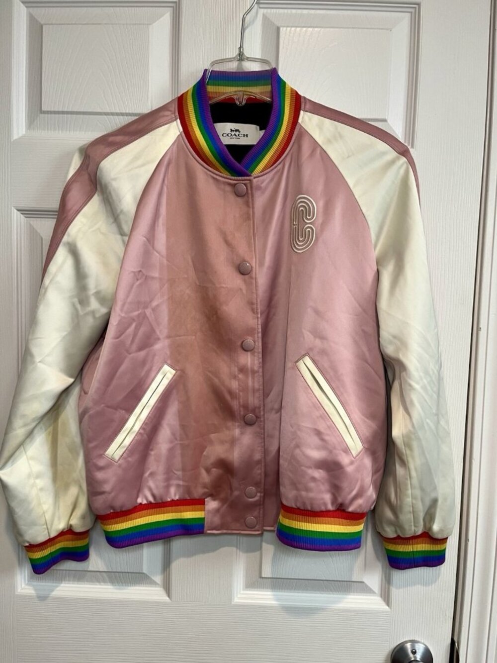 Coach Rainbow Satin Embroidered Pride Souvenir Jacket Sz Large CL8 Pearl Pink